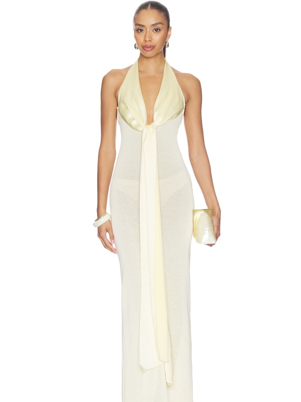 Aya Muse Cream and Pale Yellow Strapless Tie-Front Maxi Dress